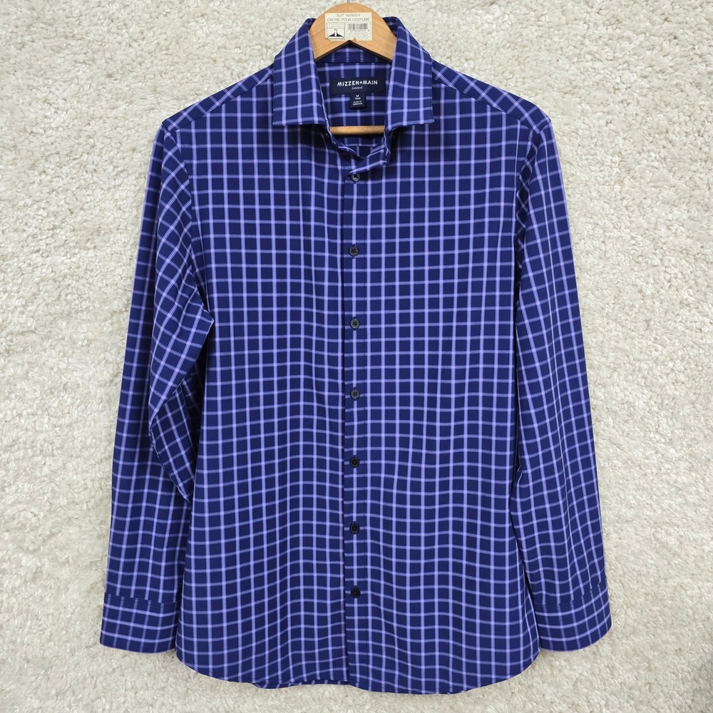 Mizzen+Main Leeward Dress Shirt Men M Purple Grid Check Performance Trim Stretch